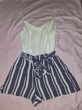 Blue Rain White Cami Jumpsuit with Navy & White Striped Shorts